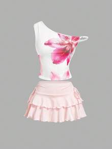 SHEIN MOD 女士碎花修身不对称肩部上衣，夏季花朵上衣，女性化上衣，情人节，夏季，春季女装，嘉年华服装 - 白色 - 查看 6