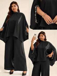 Auralis 立领斗篷式黑色蝙蝠袖宽松优雅衬衫，饰有珍珠和亮片，适合情人节、音乐会、演出、约会、正式晚宴、通勤、返校、浪漫场合、办公穿着；美人鱼式宽松腰部直筒大码裤，两件套 - 黑色 - 查看 1