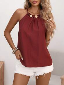 Wandoria 女士春夏优雅时尚奢华简约高端休闲波西米亚风度假/通勤复古风舒适纯色亚麻质感面料褶皱领口串珠装饰A字吊带系带吊带背心 - 酒紅色 - 查看 4