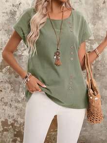 EMERY ROSE 纽扣细节圆领蝙蝠袖休闲衬衫 女士夏季纯棉衬衫 - 綠色 - 查看 4