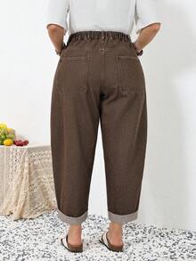 SHEIN CURVE+ 大码休闲水洗高腰锥形牛仔裤，春夏情人节嘉年华服装通勤度假毕业时尚Y2K可爱街头风派对婚礼优雅商务休闲女装大码棕色牛仔裤，松紧腰舒适宽松牛仔裤 - 棕色 - 查看 2