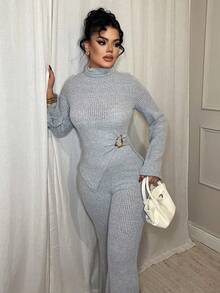 Dayanna Comas New Women High Neck Ribbed Knit Fleeced Asymmetrical Metal Decor Flare Sleeve Top And Flare Pants Two Pieces Set, Versatile For Daily Wear, Elegant & Youthful, Autumn/Winter - Grey - View 3
