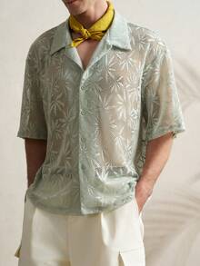 Airaco Áo sơ mi nam tay ngắn, màu trơn, cài cúc phía trước, chất liệu lưới xuyên thấu, khoét lỗ. - màu xanh lá - Xem 4