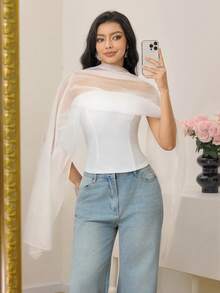 Modelyn 女士优雅纯色网纱披肩上衣 - 白色 - 查看 4