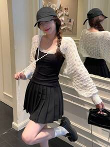 DAZY Women's Textured Long Sleeve Cardigan, Layering Versatile Korean Style Knit Top - White - View 1