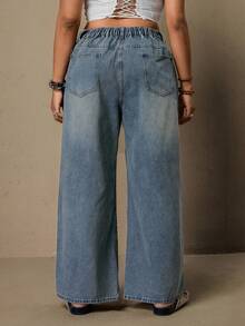 Freevana Plus Size Casual Washed Rhinestone Decor Wide Leg Jeans, Summer, Summer, Spring, Spring Women, Carnival, Carnival Costume, Party , Beach , Going Out, For Date, Party, Cocktail, Formal Events, Vacation, Office, Work, Commute, Wedding Guest, And Western Festival - Blue - View 3