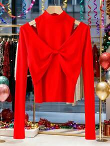 Franclia Plus Size Women's Red French Style Elegant Autumn Party Casual Long Sleeve Twist Bow Top,Hollow Out Concert T-Shirt - Red - View 1