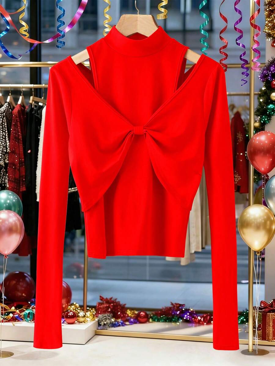 Franclia Plus Size Women's Red French Style Elegant Autumn Party Casual Long Sleeve Twist Bow Top,Hollow Out Concert T-Shirt - Red - View 1