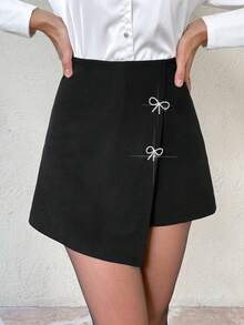 SHEIN Tall Women's Solid Color Bowknot Metal Decor Casual Skort, Suitable For Spring/Summer, Valentine's Day, Vacation, Date , Versatile All-Match - Black - View 4