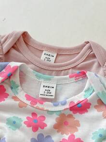 SHEIN 2pcs Newborn Baby Girls Floral Print Round Neck Cap Sleeve Solid Color Pink Casual Waisted Cute Mini Dress, Suitable For Summer Outings Or Travel - Pink - View 4