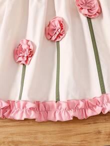 SHEIN LMoss Kids 少女撞色荷叶边碎花休闲连衣裙 - 黑與白 - 查看 3