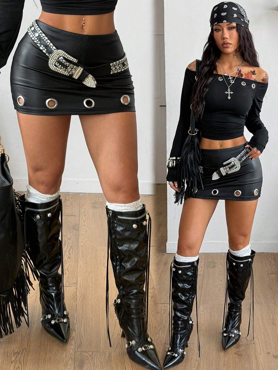 Coolane Tenues de printemps pour femmes, streetwear, fête, rave, style Y2K, punk, mini-jupe noire à taille basse avec œillets, shorts-jupes - Noir - Voir 1