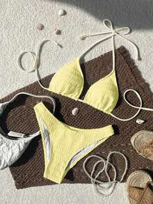 Swim Mod 2026 Spring/Summer Women's Spaghetti Strap Halter Unique Fabric Blue Sexy Vacation Side High Cut Bikini Swimsuit 2-Piece Set Triangl Bikini Textured Bikini Bikini Set Summer Butter Yellow Bikini Lemon Bathing Suit Lemon Bikini Yellow Bikini - Light Yellow - View 1