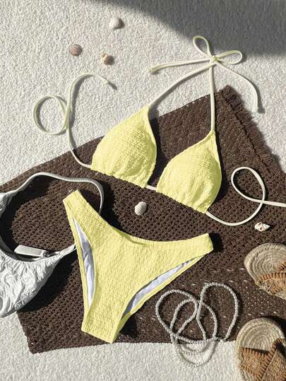 Swim Mod 2026 Spring/Summer Women's Spaghetti Strap Halter Unique Fabric Blue Sexy Vacation Side High Cut Bikini Swimwear 2-Piece Set Triangl Bikini Textured Bikini Bikini Set Summer Butter Yellow Bikini Lemon Bathing Suit Lemon Bikini Yellow Bikini