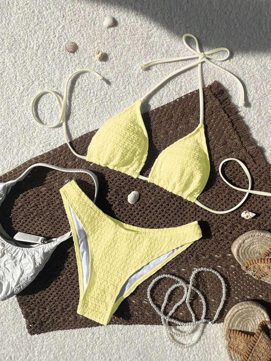 Swim Mod 2026 Spring/Summer Women's Spaghetti Strap Halter Unique Fabric Blue Sexy Vacation Side High Cut Bikini Swimsuit 2-Piece Set Triangl Bikini Textured Bikini Bikini Set Summer Butter Yellow Bikini Lemon Bathing Suit Lemon Bikini Yellow Bikini - Light Yellow - View 1