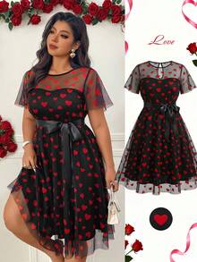Femmeverse Heart Print Sheer Zipper Waist Dress, Princess Style Short Sleeve Dress For Women, Valentine's Day Ribbon For Wedding,Party - Multicolor - View 5