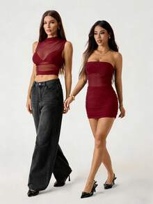 SHEIN PETITE 女士纯色网纱拼接褶皱修身迷你抹胸连衣裙 - 酒紅色 - 查看 8