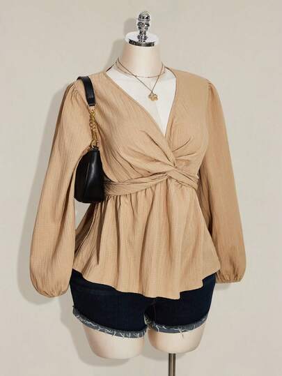 SHEIN ICON 大码女式扭结纹理黑色灯笼袖上衣