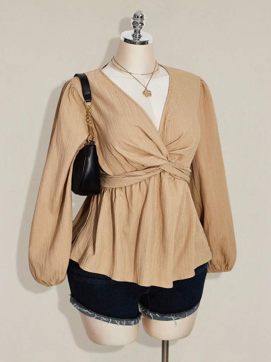 SHEIN ICON 大码女式扭结纹理黑色灯笼袖上衣 - 杏色 - 查看 1