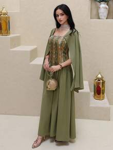 Al Najma New Design Waist Cinching Elegant Cocktail Dress, Flattering Silhouette, Sophisticated Style For Vacation & Party Occasions - Green - View 3