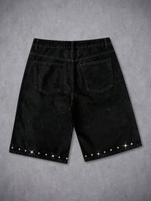 Manfinity Denimwave Quần short denim nam phong cách đường phố Mỹ, đính đá và in họa tiết Gothic. - màu đen - Xem 2