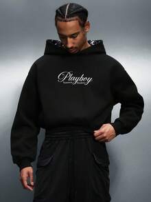 PLAYBOY X SUMWON Crop Fit Men's Pullover Hoodie With Logo Print Long Sleeve Casual Streetwear Sweatshirt Winter Fall Urban Style - Black - View 4