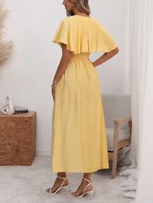 Wandoria Đầm maxi nữ thanh lịch, sang trọng, nhẹ nhàng, kiểu bohemian, thích hợp cho kỳ nghỉ/công sở, đi làm, màu trơn, cổ chữ V, tay bồng, eo chun, vạt xòe, xẻ tà trước, có túi cài nút trang trí, thích hợp cho mùa xuân/hè. - Màu vàng - Xem 2