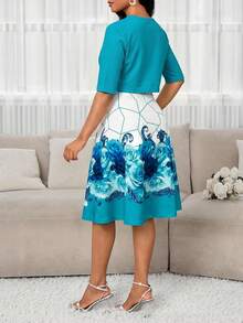 SHEIN Lady Bộ đồ nữ cổ vuông dây bản rộng họa tiết hoa thanh lịch gồm 2 món - Màu xanh lam - Xem 2