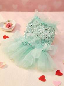 PETSIN 1pc Pet Universal Valentine's Day Sequin Mesh Princess Dress Dog Apparel - Light green - View 2