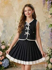 SHEIN Bộ trang phục mùa hè thanh lịch dành cho bé gái: Áo cardigan không tay thắt nơ và chân váy xếp ly. - Màu xanh lam - Xem 3
