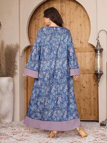 Al Najma Plus Size Women's Contrast Color Paisley Print Flare Sleeve Loose Bohemian Style Dress, Spring/Autumn - Multicolor - View 3