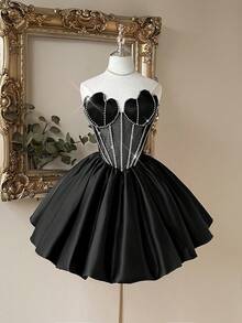 Lovelzi 优雅奢华黑色网纱拼接缎面手工水钻链珠领腰部透视高低摆正式礼服 - 黑色 - 查看 2