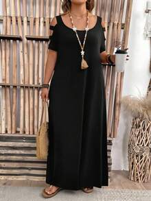 SHEIN LUNE 大码镂空短袖针织圆领休闲连衣裙，优雅百搭，适合日常穿着和通勤。 - 黑色 - 查看 6