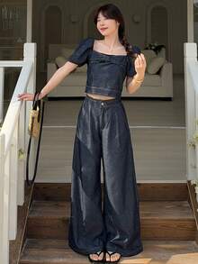 DAZY 女士3D蝴蝶结棉质牛仔上衣和高腰牛仔裤套装，时尚牛仔套装 - 藍色 - 查看 5