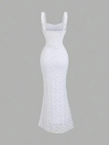 Sweetra Elegant Lace Texture Maxi Mermaid Dress, Sexy & Graceful For Party, Vacation, Autumn/Spring - White - View 5