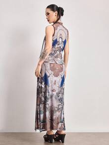 ROMWE Avant Spring/SummergraphicElegant 2-Piece Set: Chinese Style Buddha Painting Print Mandarin Collar Sleeveless Top And Skirt - Multicolor - View 3