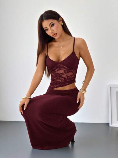 SHEIN PETITE Summer Beach Vacation Contrast Lace Sexy See-Through Cut Out Waist Suspender Maxi Dress, Suitable For Daily Dating, Night Out, Nightclubs, Parties, Cocktail Parties, Pool Parties, Back-To-School Season Sexy Skirt Set