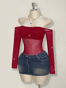 SHEIN ICON Women's Fashionable Sexy Off-Shoulder Long Sleeve Bodysuit - Burgundy - View 7