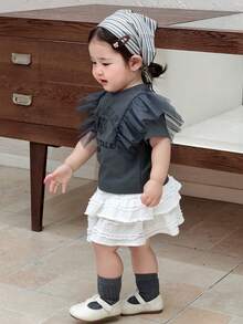 DAZY Toddler Girls' Round Neck Ruffle Trim Mesh Casual Short Sleeve Letter Print T-Shirt - Grey - View 3