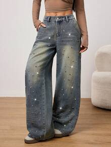 SHEIN PETITE Quần jeans ống rộng dáng suông mùa hè và xuân dành cho nữ, kiểu dáng sang trọng với đinh tán kim loại lấp lánh, túi phối màu tương phản, chất liệu denim mài rách. - Rửa trung bình - Xem 3