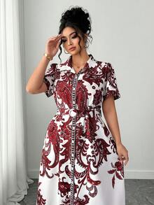 Elenzga Damen Große Größen elegantes Retro-Muster Taillengürtel Puffärmel Hemdkleid, Frühlings-/Sommer-Resort-Kleid - Bordeaux - Übersicht 6
