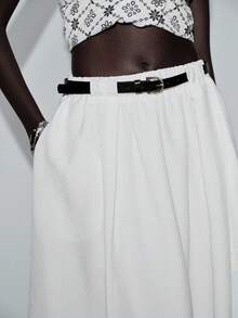 Lumivelle Chân váy xòe nữ màu trơn, cạp cao, phối màu tương phản, có túi, thích hợp cho mùa xuân/hè. - trắng - Xem 7