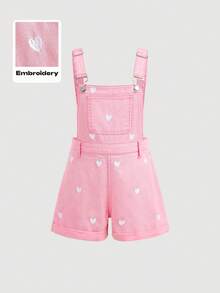 Girlism 女童白色刺绣图案粉色牛仔背带短裤