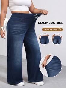 SHEIN Tall CURVE 高个加大码夏季和冬季女式高腰修身舒适弹力直筒宽松牛仔裤 舒适高弹针织直筒牛仔裤 - 深色水洗藍 - 查看 1