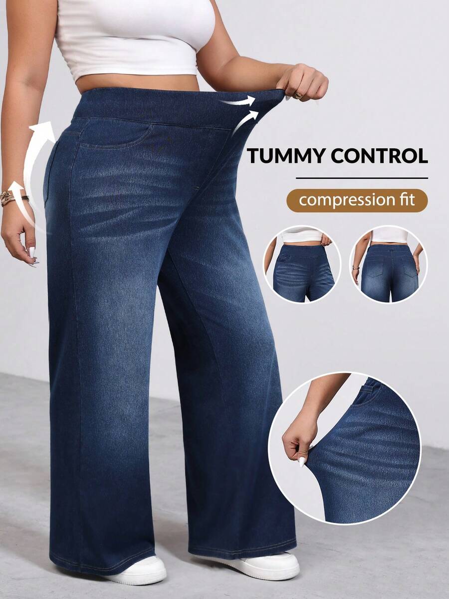 SHEIN Tall CURVE 高个加大码夏季和冬季女式高腰修身舒适弹力直筒宽松牛仔裤 舒适高弹针织直筒牛仔裤 - 深色水洗藍 - 查看 1