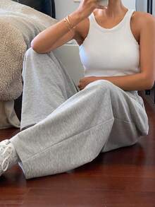 Livesso Solid Color Loose Straight Leg Women Sweatpants With Pockets And Drawstring Waist,Women Joggers Fall - Grey - View 8