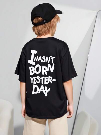 Coolqubz 青少年男童休闲街头风黑色字母印花圆领T恤，适合日常、通勤、运动、上学等多种场合穿着。