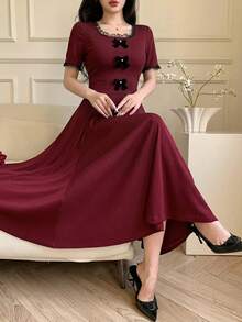 Feyla Đầm hè nữ thanh lịch với nơ trang trí và họa tiết xếp ly. - Đỏ - Xem 8