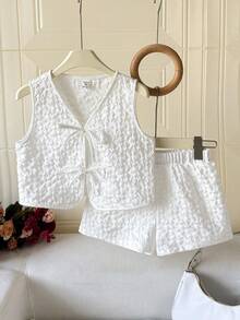 SHEIN 少女休闲白色提花蝴蝶结吊带背心和短裤两件套