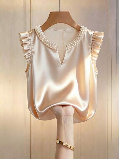 Franclia Women's Elegant French Style Solid Color Satin Notched Collar Ruffle Armhole Faux Pearl Decor Blouse, Summer